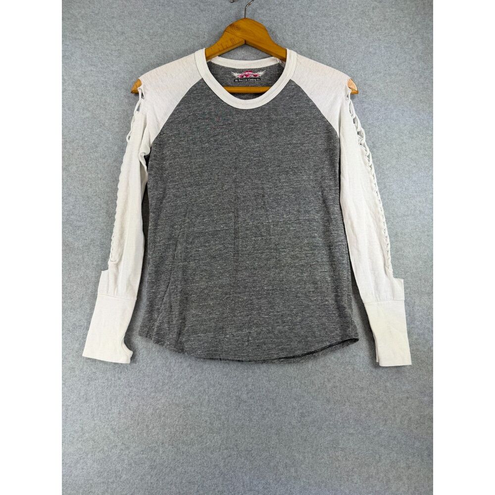 So Nikki Girls 10/12 Gray White Lace Up Sleeve Raglan Top Made USA 3590
